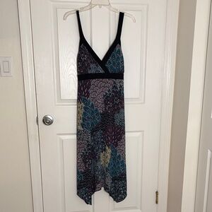 AGB Teal, Black & Purple Asymmetrical V-Neck Dress
